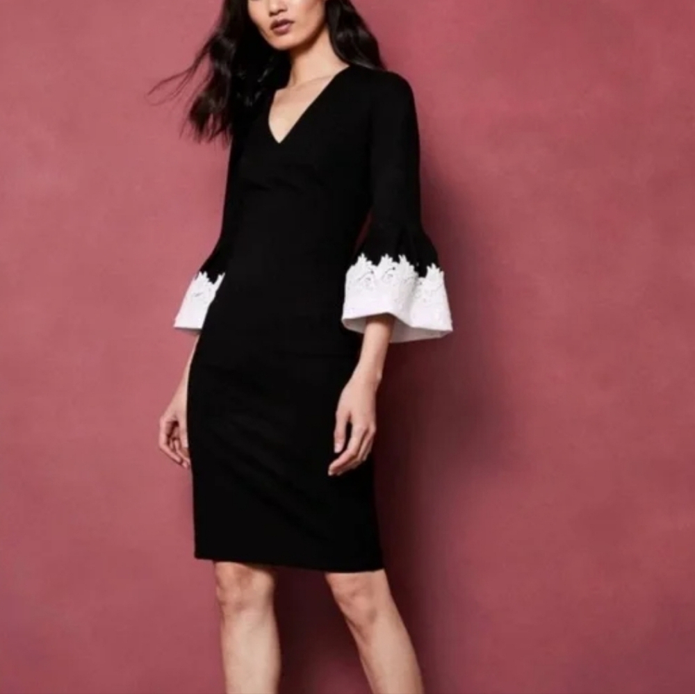 Ted Baker Rastrel Sheath Dress – Black & White Bell Sleeve | UK Sz 1, US Sz XS